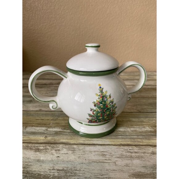 Radko Traditions Christmas Tree Sugar Bowl w/ Lid Green Trim 2000s - Picture 5 of 12